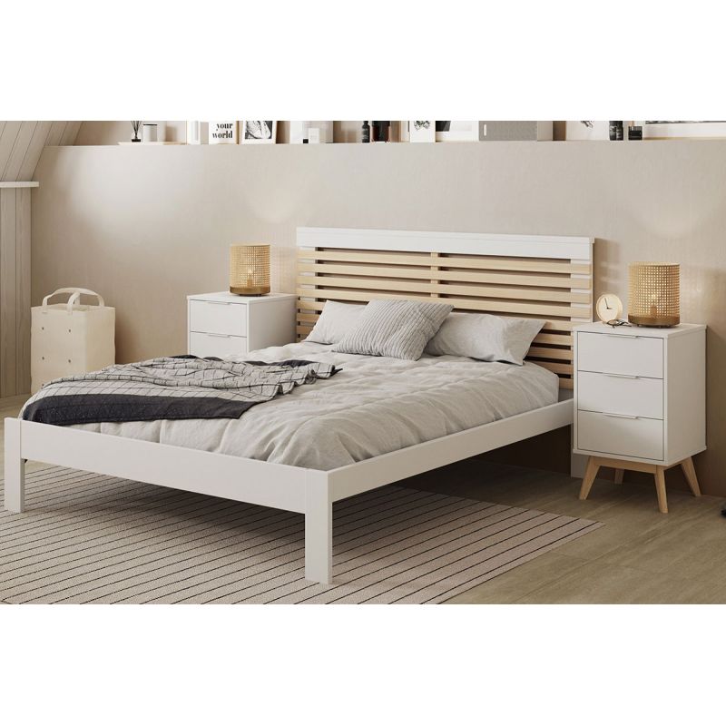 LAUPELL - Pack Lit 140x190cm + 2 Chevets 3 Tiroirs Pin Naturel et Blanc Scandinave