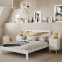 LAUPELL - Chambre 140x190cm avec Commode 7 Tiroirs Pin Naturel et Blanc Scandinave