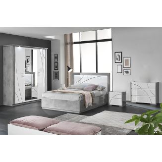 LINEAL - Chambre Complète Lit-Coffre 160x200cm Blanche et Gris Béton avec Leds