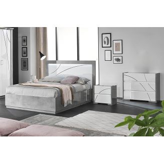 LINEAL - Chambre 160x200cm Blanche et Gris Béton Lit-Coffre avec Leds + 2 Chevets + Commode