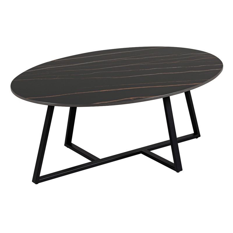 VIKASH - Table Basse Plateau en Céramique Effet Marbre Noir Piétement Métal Noir