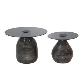 SALIM - Lot de 2 Tables Basse en Verre Fumé Noir Piètement en Manguier Vernis Gloss