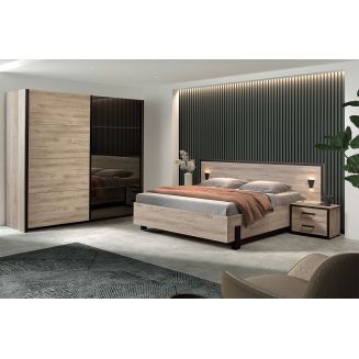 NEVADA - Chambre Lit 160x200 + 2 Chevets + Armoire 2 Portes Coul. Aspect Bois et Noir