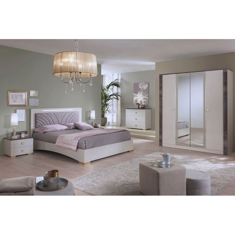 PANACA - Chambre Complète 140x190cm Crème et Bronze + Leds