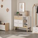 KAINA - Commode 3 Tiroirs 2 Niches MDF et Pin Coloris Blanc et Naturel