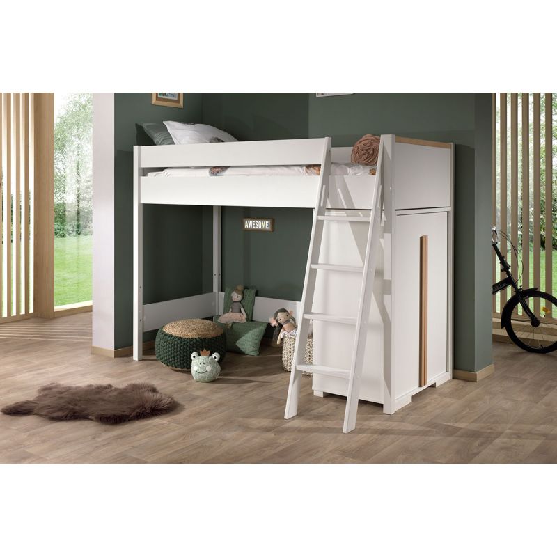 NASH WHITE - Pack Combiné Lit Mezzanine 90x200cm + Armoire Basse