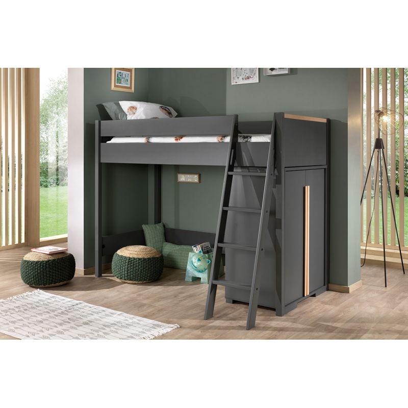 NASH DARK - Pack Combiné Lit Mezzanine 90x200 + Armoire Basse