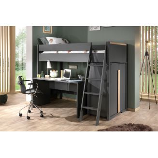 NASH DARK - Pack Combiné Lit Mezzanine 90x200cm + Pack Bureau