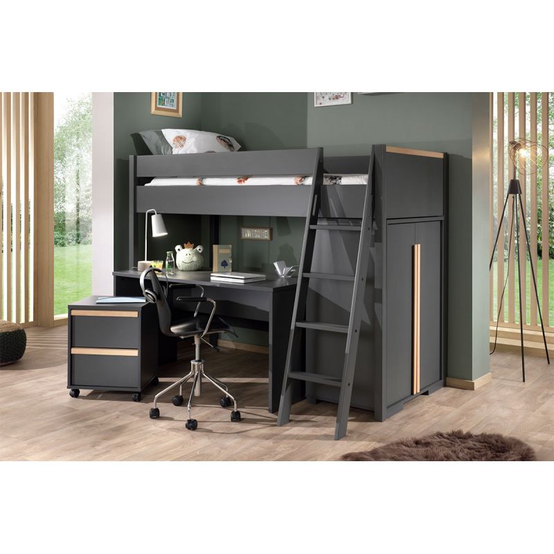 NASH DARK - Pack Combiné Lit Mezzanine 90x200cm + Pack Bureau Complet