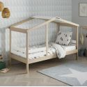 MESSA - Lit Cabane 90x190cm MDF et Pin Coloris Blanc et Naturel