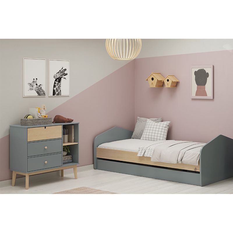 KAINA - Pack Lit 90x200cm avec Tiroir + Commode 3 Tiroirs Coloris Gris et Naturel