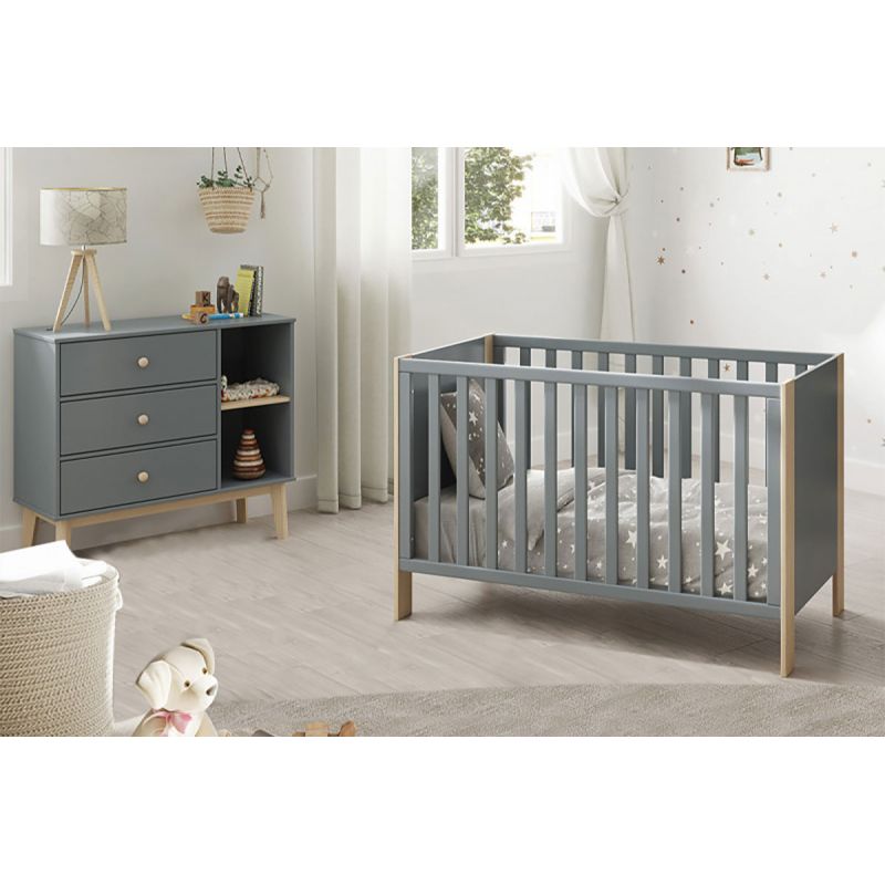 KAINA - Pack Lit Bébé 60x120cm + Commode 3 Tiroirs Coloris Gris et Naturel