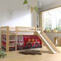 SLEEPY - Lit Mi-Haut Tobogan en Pin Naturel 90x200cm Housse Pompiers