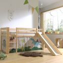 SLEEPY - Lit Mi-Haut Tobogan en Pin Naturel 90x200cm Housse Dino