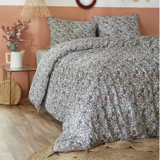 MEGAN - Parure de Lit Imprimé Fleurs Housse de Couette 200x200cm + 2 Taies d'Oreiller