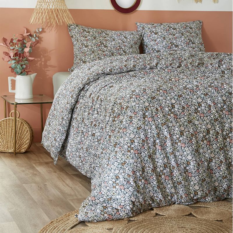 MEGAN - Parure de Lit Imprimé Fleurs Housse de Couette 200x200cm + 2 Taies d'Oreiller