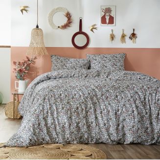 MEGAN - Parure de Lit Imprimé Fleurs Housse de Couette 240x220cm + 2 Taies d'Oreiller