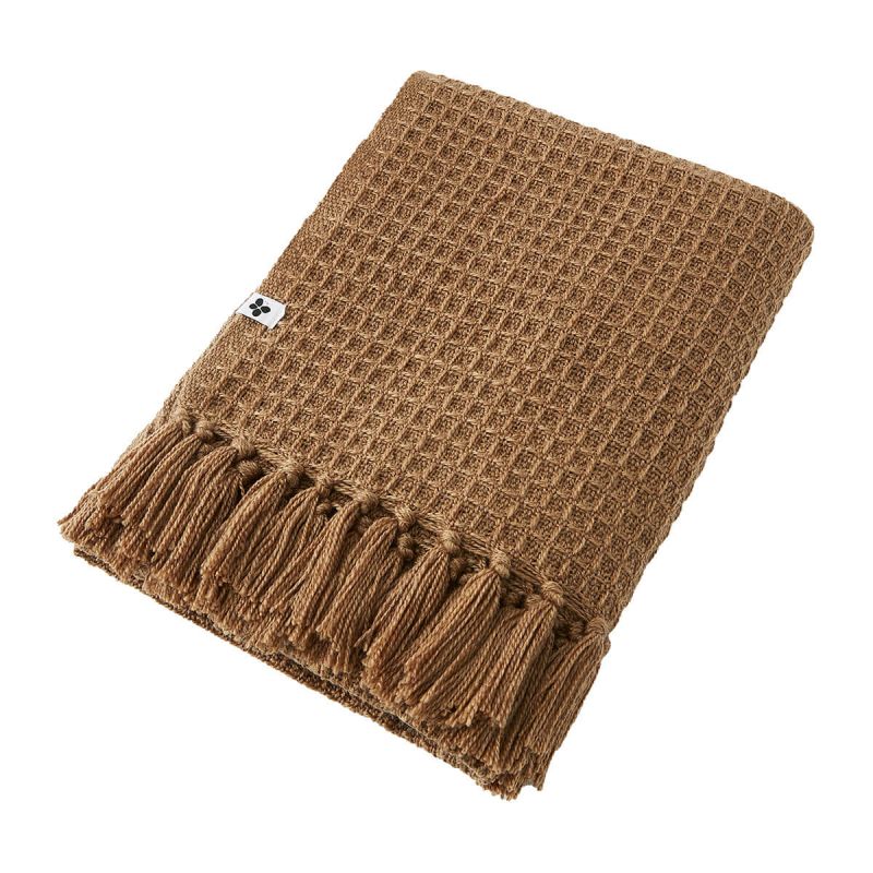 KARL - Plaid à Franges 100% Recyclé Tissage Nid d'abeilles 180x220cm Camel