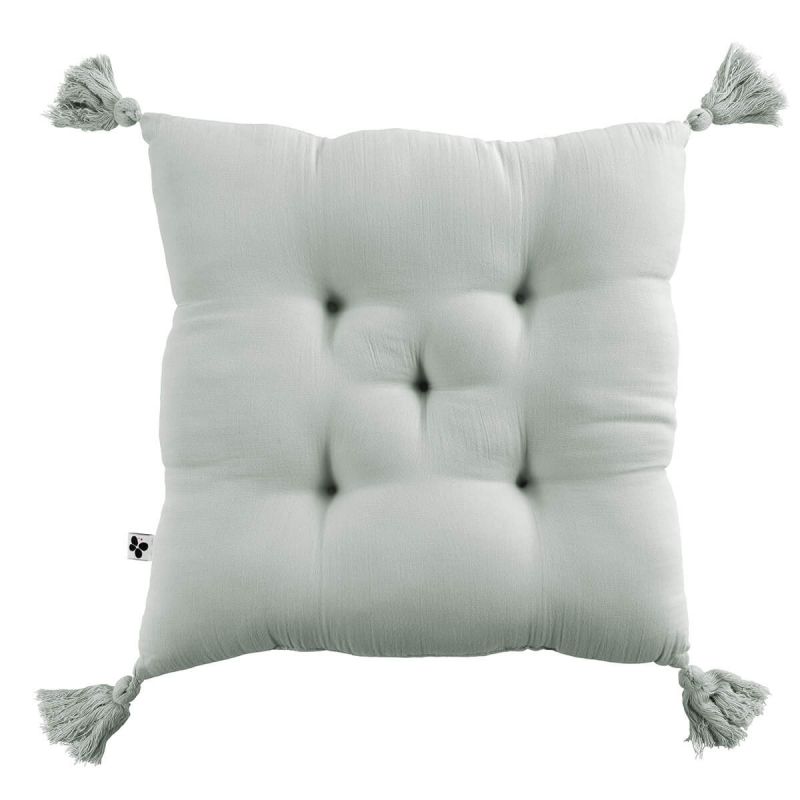 OUREA - Coussin Capitonné 40x40cm avec Pompons Gaze de Coton Eucalyptus