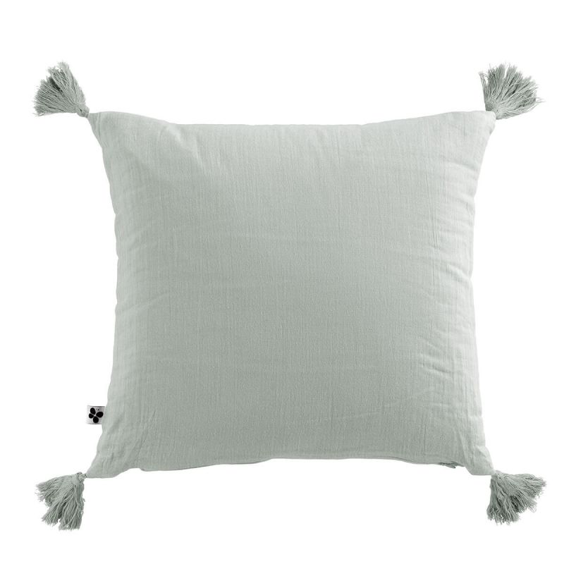 OUREA - Coussin Déhoussable 40x40cm avec Pompons Gaze de Coton Eucalyptus