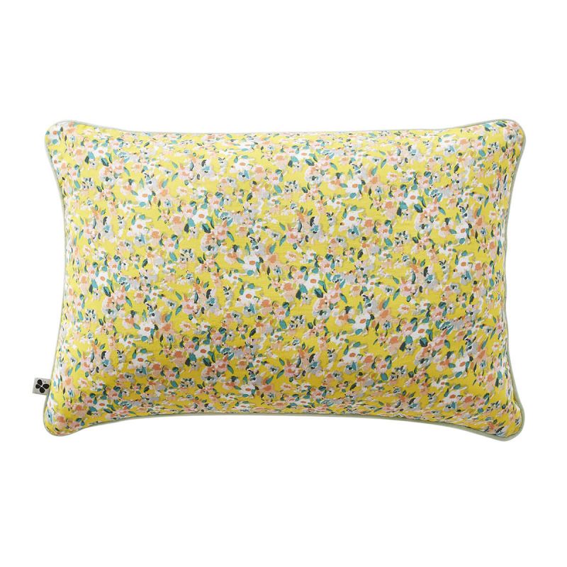 SIMONE - Coussin Déhoussable 40x60cm Gaze de Coton Jaune Imprimé Floral