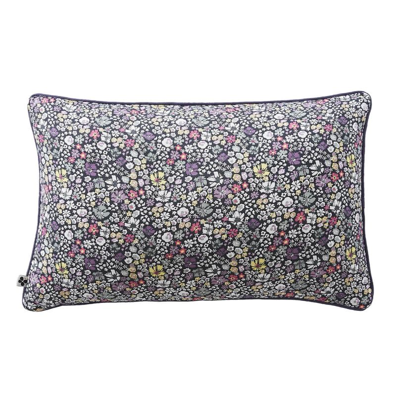 SOIZIC - Coussin Déhoussable 40x60cm Gaze de Coton Imprimé Bleu-Violet Imprimé Fleurs