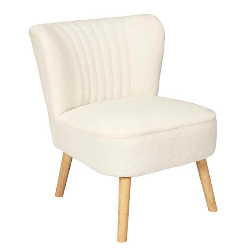 KELIOS - Fauteuil en Tissu Bouclettes Blanc Pieds Bois Naturel