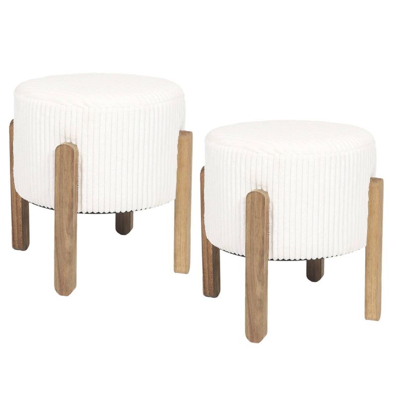 AMORY - Tabouret en velours côtelé coloris crème pieds en acacia