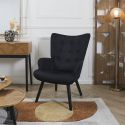 HAMZA - Fauteuil Tissu velours côtelé noir et piétement hévéa laqué noir