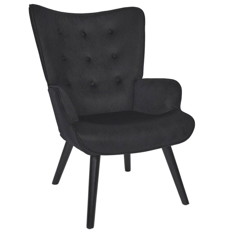 HAMZA - Fauteuil Tissu velours côtelé noir et piétement hévéa laqué noir