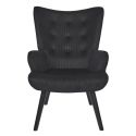 HAMZA - Fauteuil Tissu velours côtelé noir et piétement hévéa laqué noir