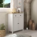 BASCO - Meuble d'Appoint 2 Portes 2 Tiroirs en Pin Massif Naturel et Blanc