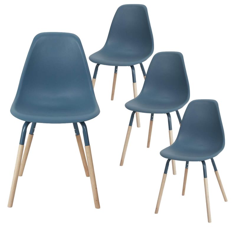 FLUK - Lot de 4 Chaises Polypropylène Bleu et Bois