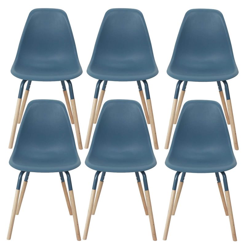 FLUK - Lot de 6 Chaises Polypropylène Bleu et Bois