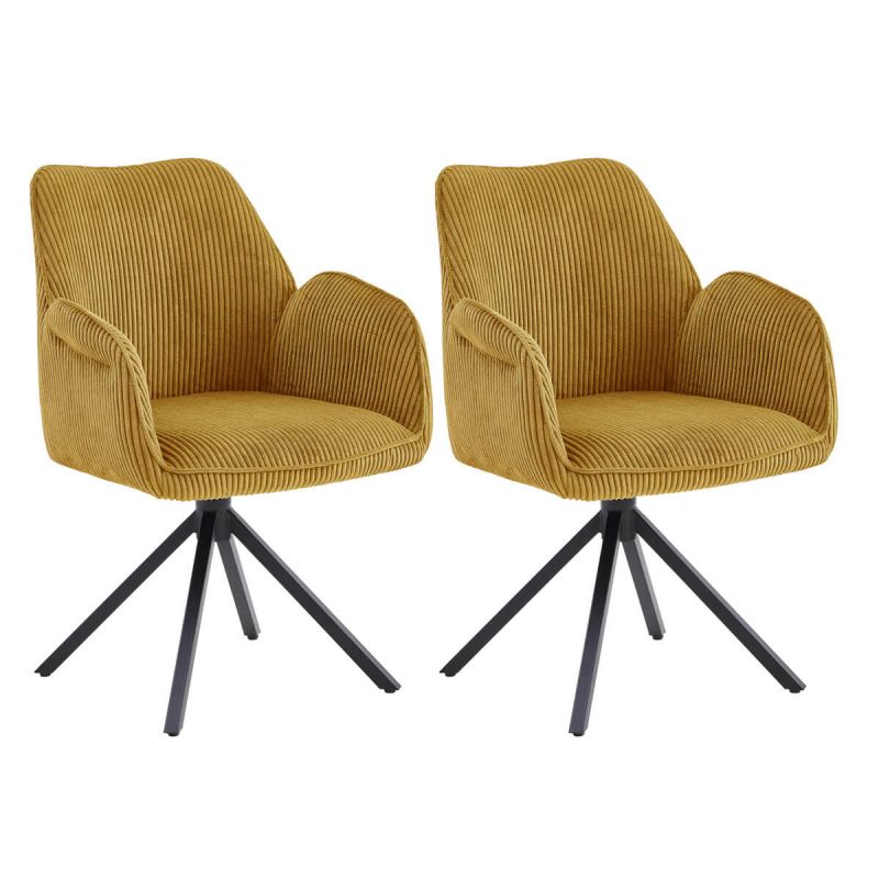 DELIA - Lot de 2 Fauteuil de table Pivotants Tissu Velours Côtelé Jaune