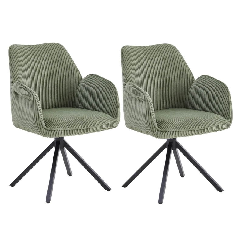 DELIA - Lot de 2 Fauteuil de table Pivotants Tissu Velours Côtelé Vert