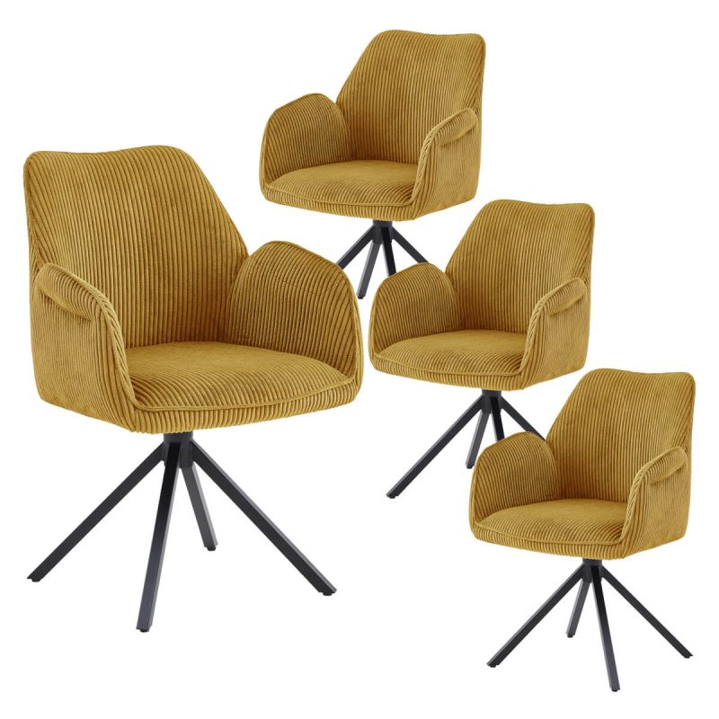 DELIA - Lot de 4 Fauteuils de table Pivotants Tissu Velours Côtelé Jaune