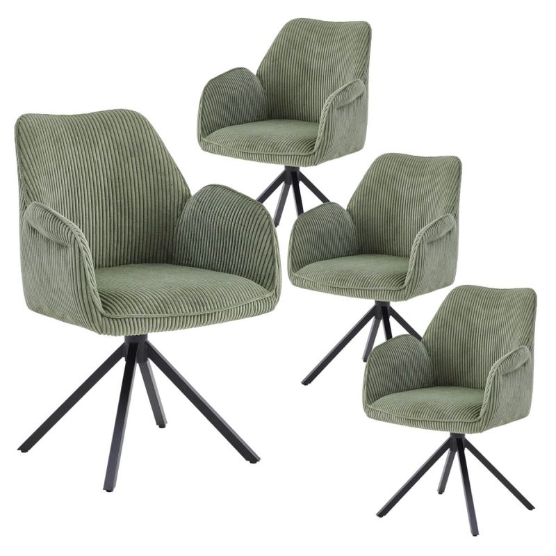 DELIA - Lot de 4 Fauteuils de table Pivotants Tissu Velours Côtelé Vert