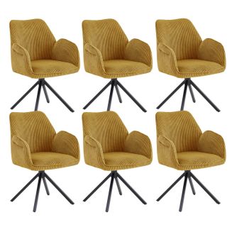 DELIA - Lot de 6 Fauteuils de table Pivotants Tissu Velours Côtelé Jaune