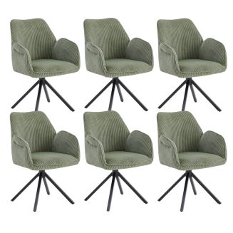 DELIA - Lot de 6 Fauteuils de table Pivotants Tissu Velours Côtelé Vert