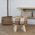 STOOL - Tabouret Bas Tissu Bouclé Imprimé Ecossais Pieds en Pin Naturel