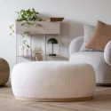 ROVIK - Pouf Ovale en Tissu Bouclé Blanc Socle en MDF