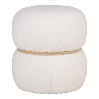 SNOVIK - Pouf Rond en Tissu Bouclé Blanc Ceinturé en MDF