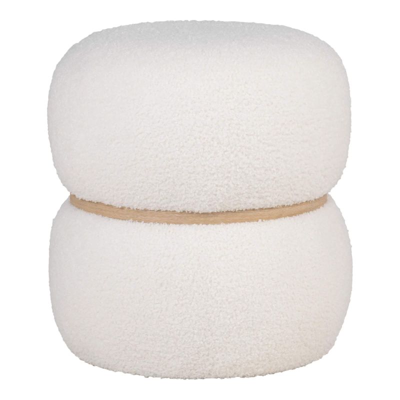 SNOVIK - Pouf Rond en Tissu Bouclé Blanc Ceinturé en MDF