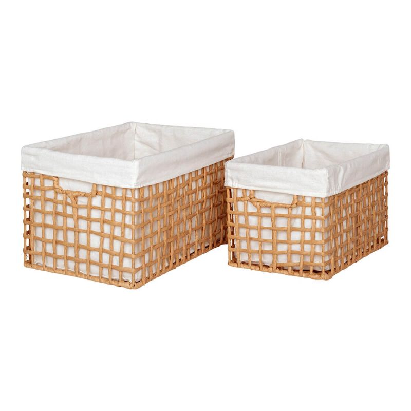 MATIS - Lot de 2 Panières Rectangulaires en Papier Imitation Rotin et Tissu Blanc