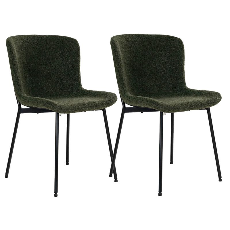 LESLI - Lot de 2 Chaises Tissu Bouclé Vert foncé Pieds Métal Noir