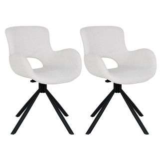 HERMOS - Lot de 2 Fauteuils de Table Tissu Bouclé Blanc Pied Pivotant Métal Noir