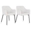 LOANA - Lot de 2 Fauteuils de Table Tissu Bouclé Blanc Chiné Pieds Métal Noir