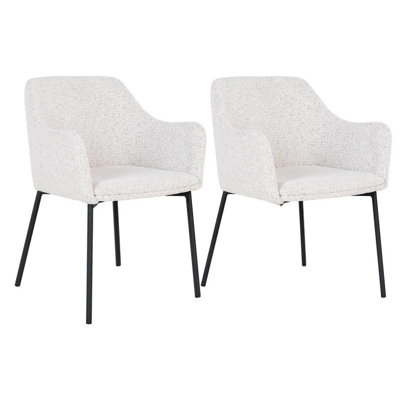 LOANA - Lot de 2 Fauteuils de Table Tissu Bouclé Blanc Chiné Pieds Métal Noir