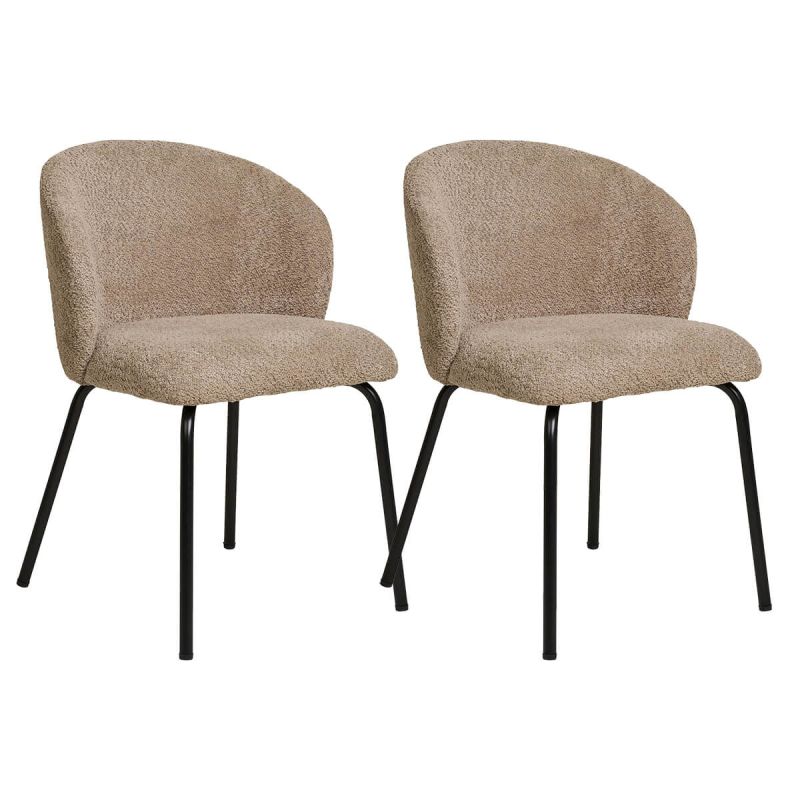 DALIDA -Lot de 2 Chaises Incurvées Tissu Bouclé Beige Pieds Métal Noir